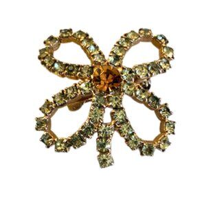 Vintage Petite Gold Tone Bow Brooch - Light Peridot Green Rhinestones